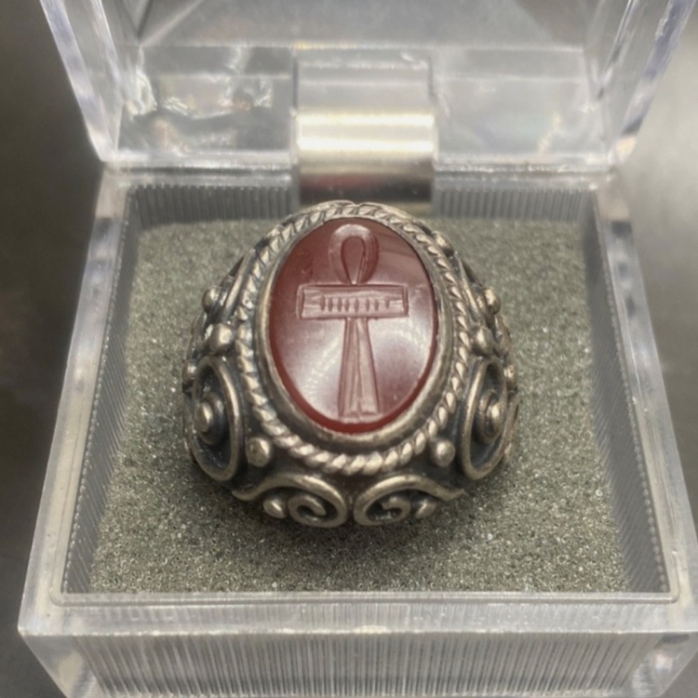 Unique Antique Intaglio Carnelian Ankh Ring in Silver OOAK– Size 11